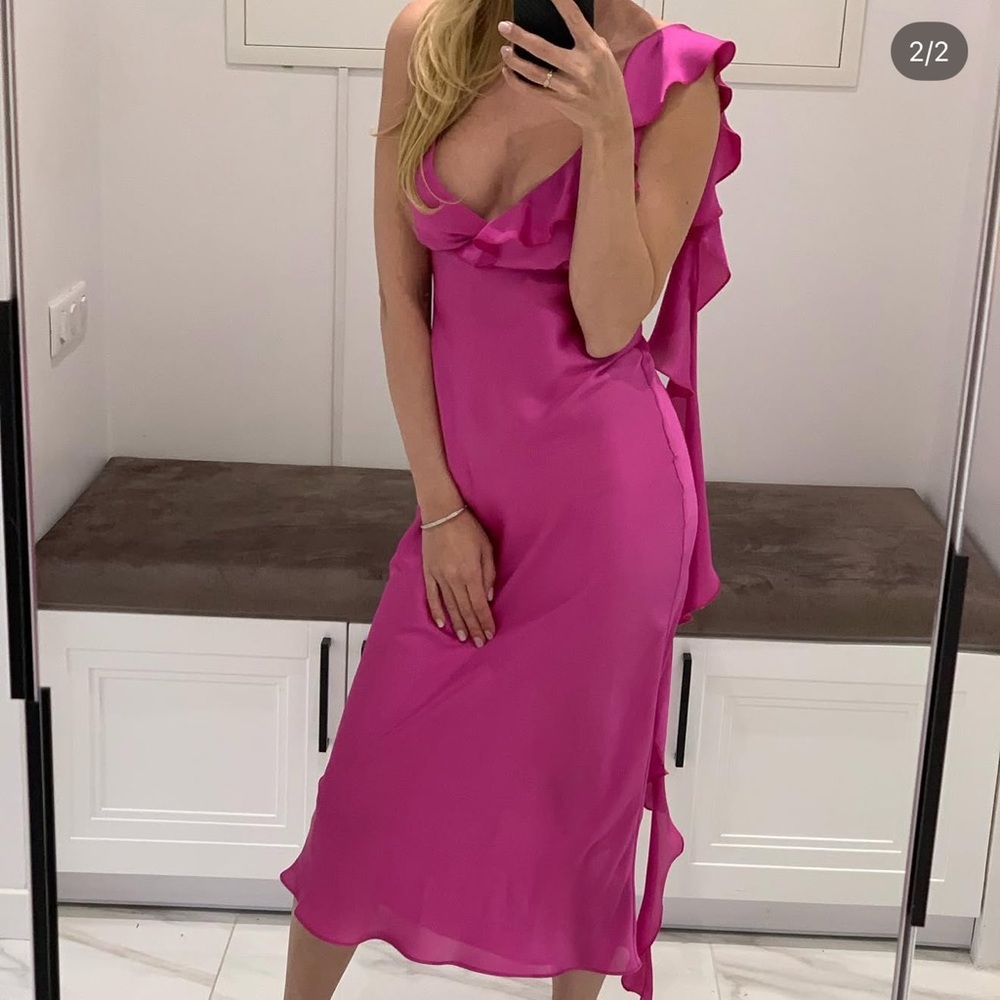 Pink Satin Midi Dress with Ruffle Strap Detail